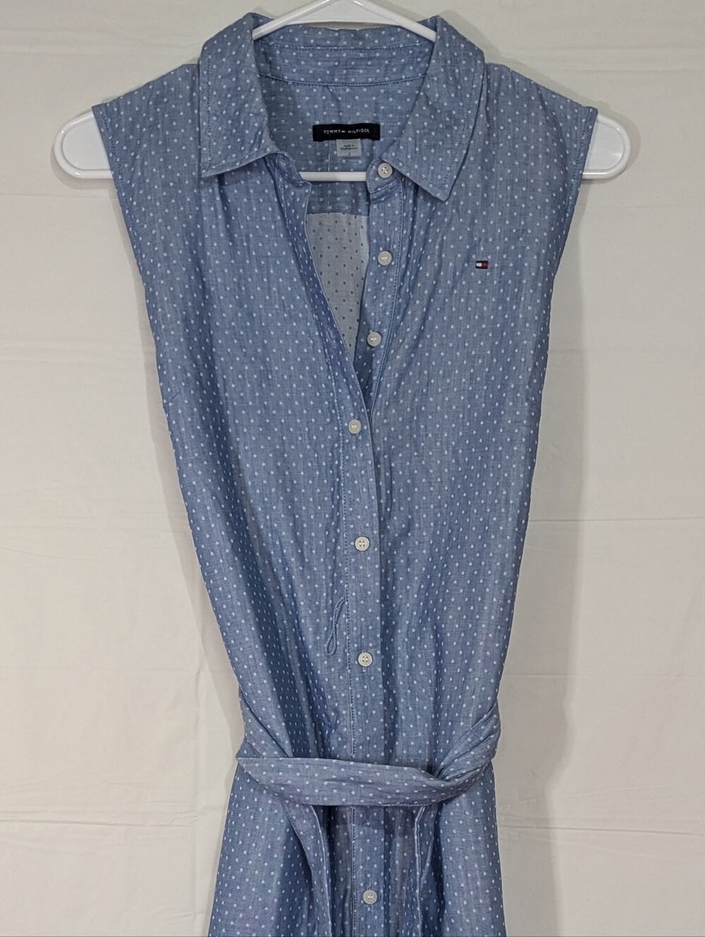 NWT Tommy Hilfiger Blue Polka Dot Sleeveless Belted Shirt Dress Size 6 Cotton